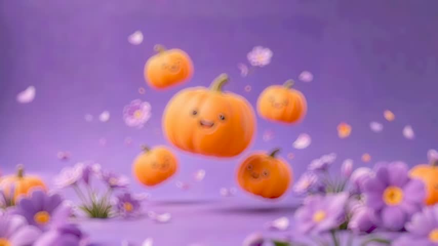 Animated 3D pumpkins with smiling faces floating over purple flowers.