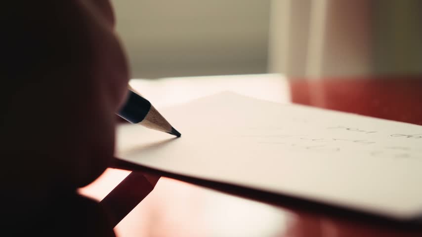 Close-up of hand writing with pen on white paper, person taking notes at desk, business or education video footage.