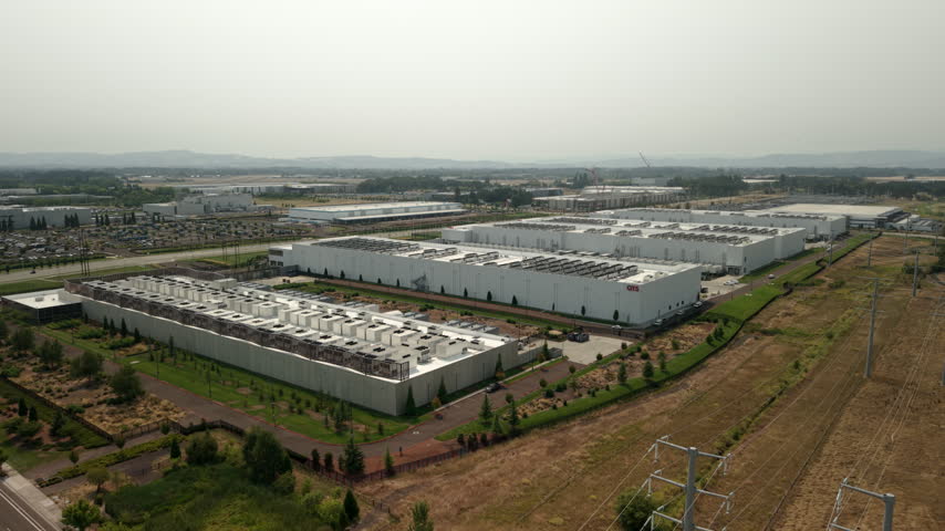 View of large data center complexes in Hillsboro, Oregon, featuring industrial buildings and rooftop cooling systems supporting cloud computing, AI, and digital infrastructure.