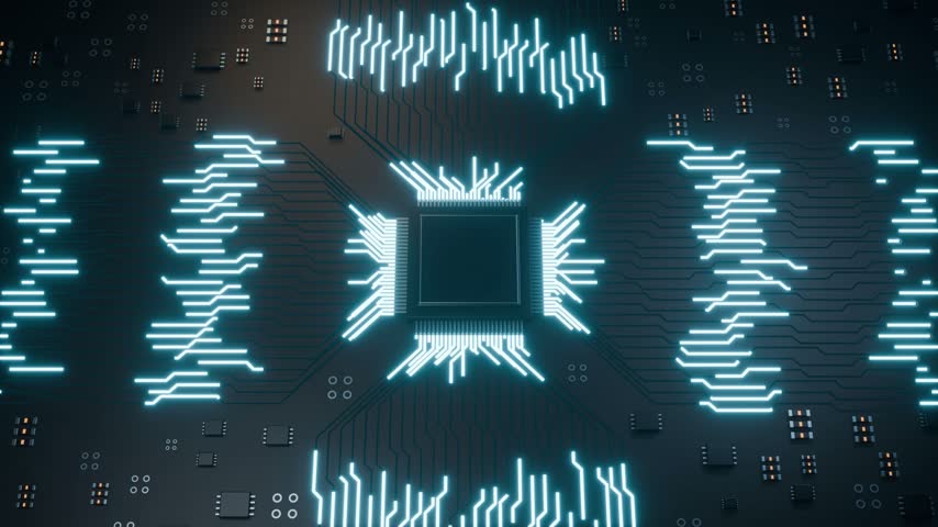 CPU GPU microchip AI processor mother board technology bg able to loop endless 4k. 3D Illustration