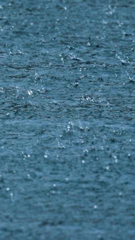 Rain drops splashing on water surface in vertical motion.