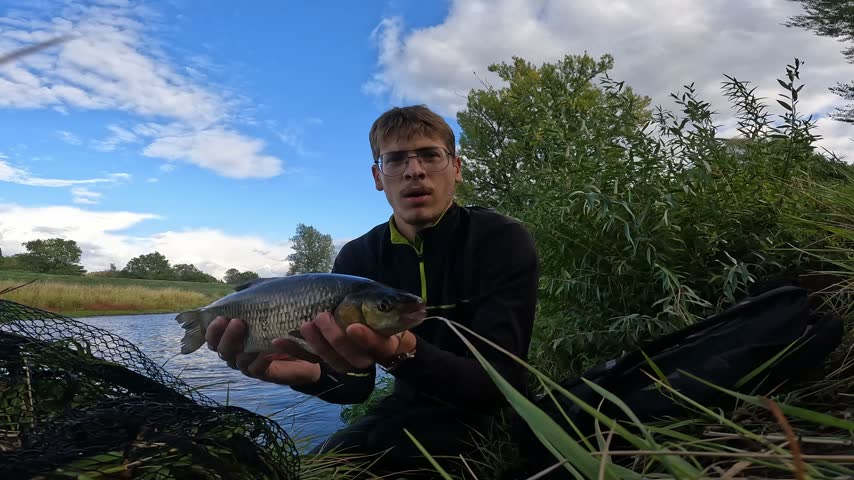 Portrait of happy young fisherman holding caught European chub (Squalius cephalus) by the river. Sport fishing success and outdoor lifestyle.