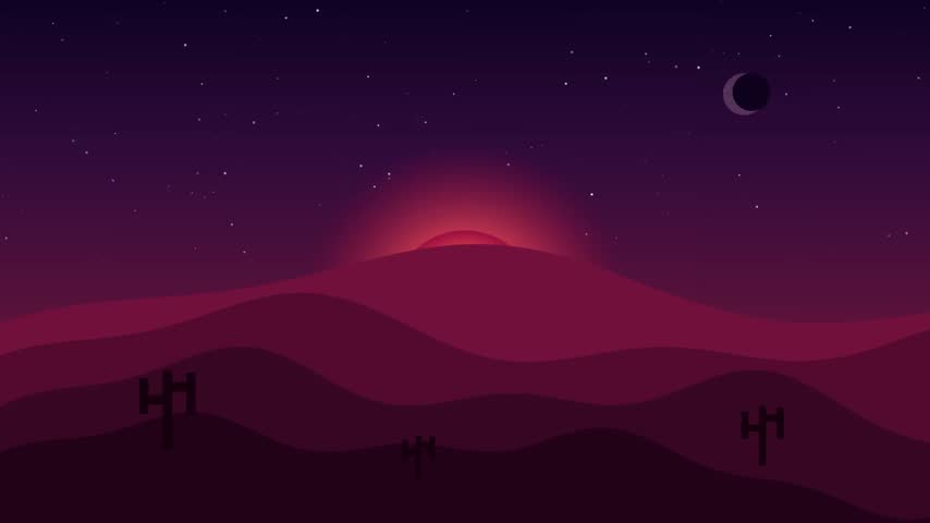 An animated digital landscape featuring rolling desert dunes under a dark purple starry night sky with a rising red sun and crescent moon.
