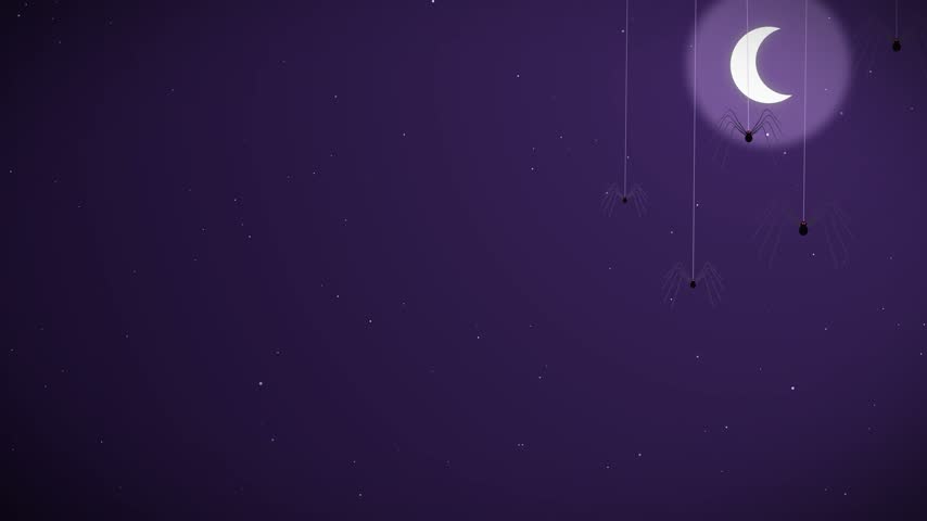 Cartoon spiders animatedly drop on webs under a crescent moon in a dark purple starry night sky, creating a spooky Halloween mood.
