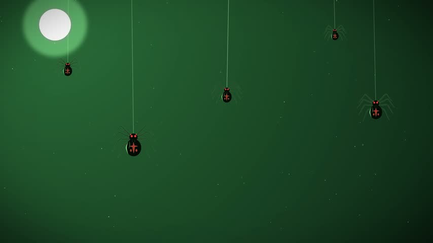 Numerous classic cartoon black spiders with red markings drop and climb on webs under a bright full moon against a dark green starry night, creating a