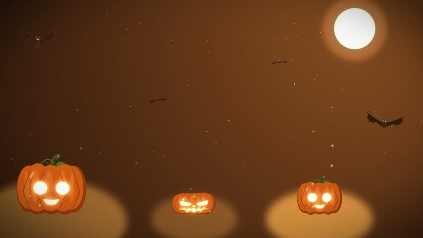A cheerful animated Halloween night scene shows glowing jack-o-lanterns with flying bats under a full moon.