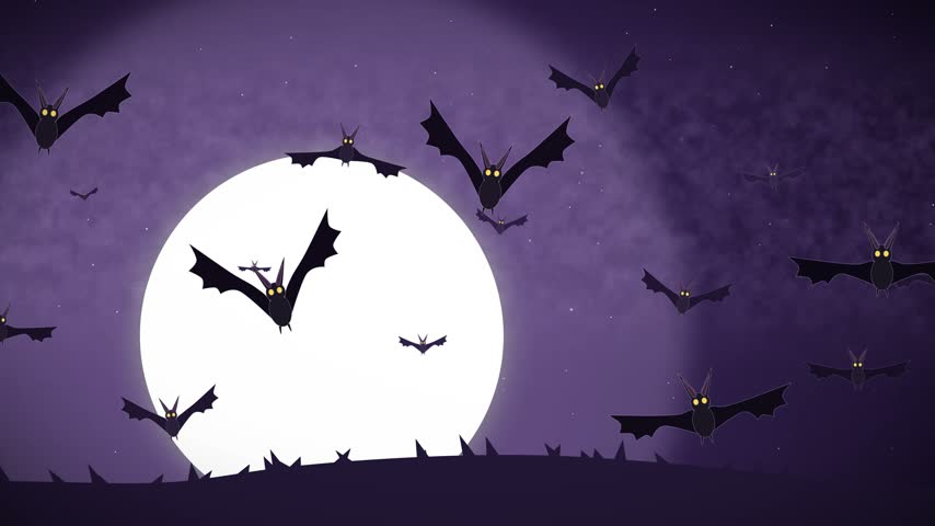 A classic cartoon animation of numerous Halloween bats with glowing eyes flying across a large bright full moon in a spooky purple night sky above