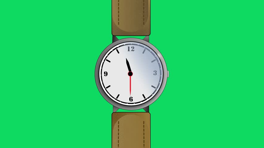 Animated classic wrist watch illustration with brown leather strap and white dial isolated on green screen background.
