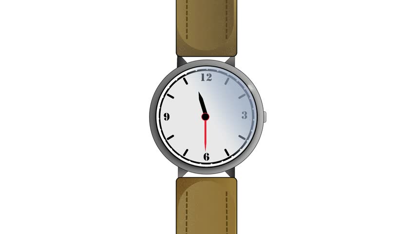 Animated classic wrist watch illustration with brown leather strap and white dial isolated on clean white background.