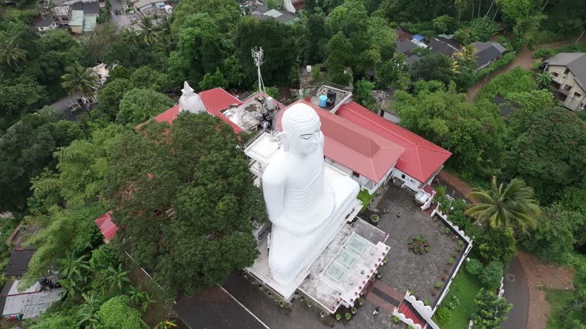 Aerial view of the large white Bahiravokanda Vihara Buddha Statue surrounded by lush green trees and red-roofed buildings in Kandy, Central Province, Sri Lanka.