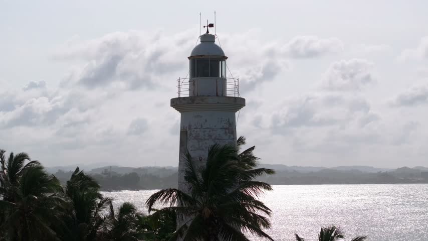 Aerial view of the historic Colombo Lighthouse surrounded by palm trees near the coastline in Colombo, Western Province, Sri Lanka.