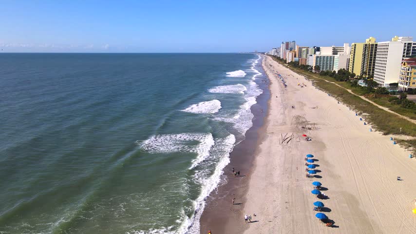 South Carolina coastal hotels recede toward the horizon beside a broad ocean expanse.