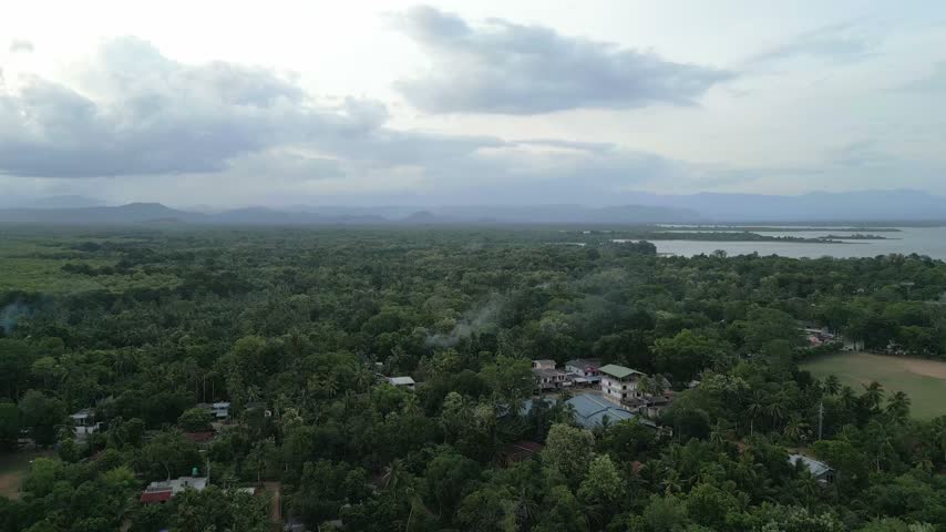 Aerial view of lush green landscape with dense trees and scattered buildings near a lake in Colombo, Western Province, Sri Lanka.