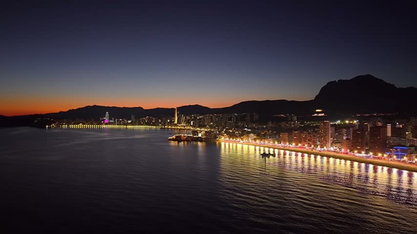 An aerial night view of Benidorm in Spain