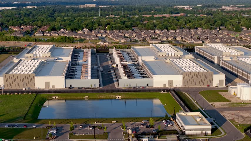 Hyper scale data center campus surrounded by residential housing and green spaces in Ohio.