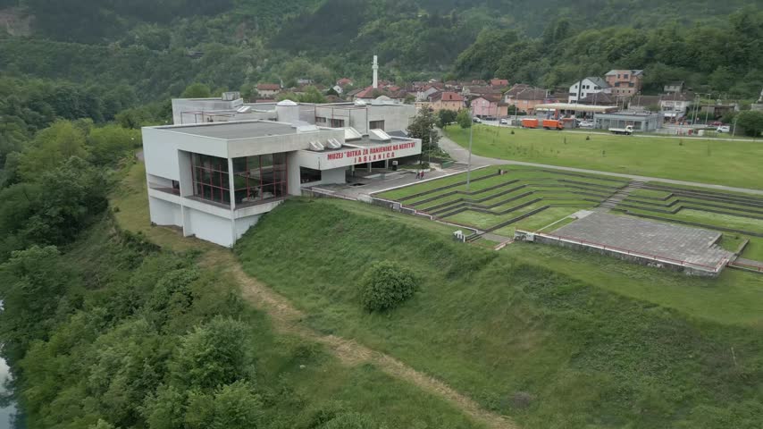 Aerial view of the Battle of the Wounded on the Neretva Museum with modern architecture and green landscape in Jablanica, Federacija Bosne i Hercegovine, Bosnia and Herzegovina.
