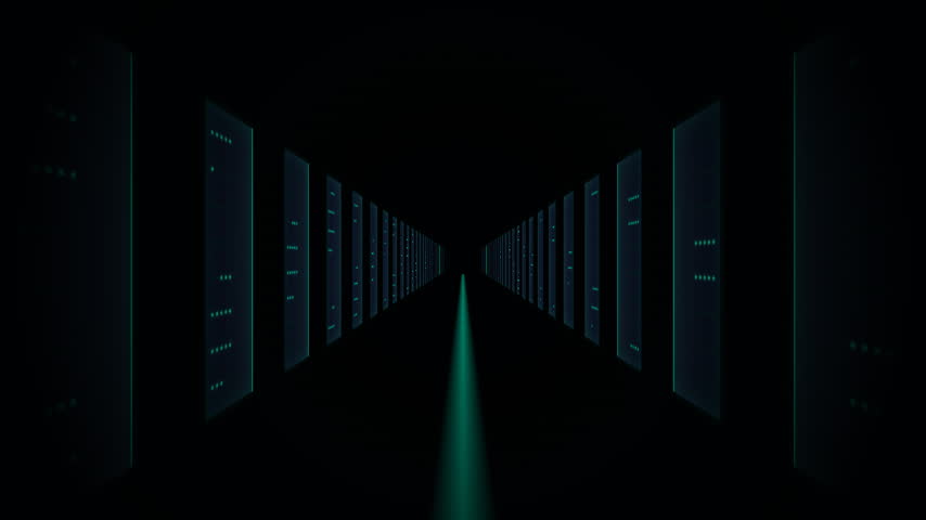 Server Corridor Animation with Glowing Teal Indicator Lights and Vanishing Perspective