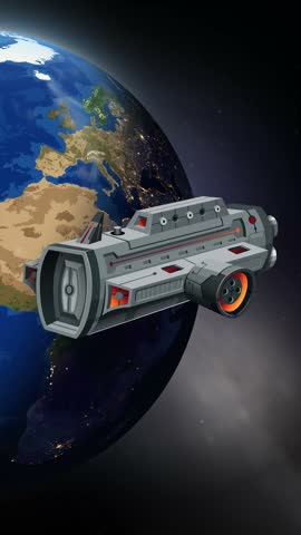 A 2D animated spaceship floats in orbit above a rotating Earth with city lights.