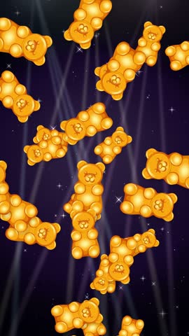 Yellow gummy bear candies fall and bounce against a dark purple background with sparkling glitter.