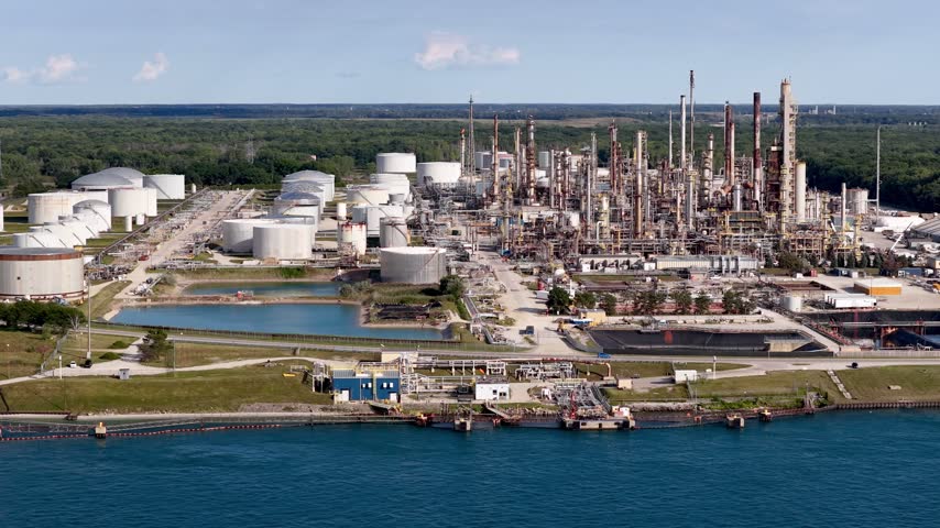 Large industrial oil refinery complex with storage tanks located on the riverbank  in Ontario.