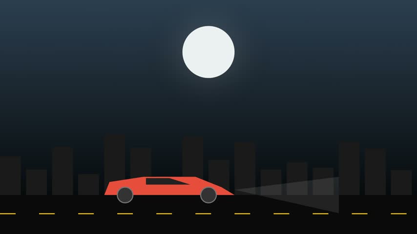 Minimalist vector illustration of a red futuristic sports car driving on a city road at night under a full moon