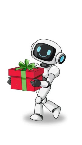 Cartoon robot walks forward carrying a wrapped gift box, white background, smooth animation