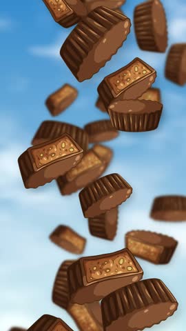 Cartoon chocolate peanut butter cups and candy bars fall through a bright blue sky.