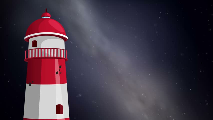 Red and white animated lighthouse stands against a slowly drifting milky way night sky.