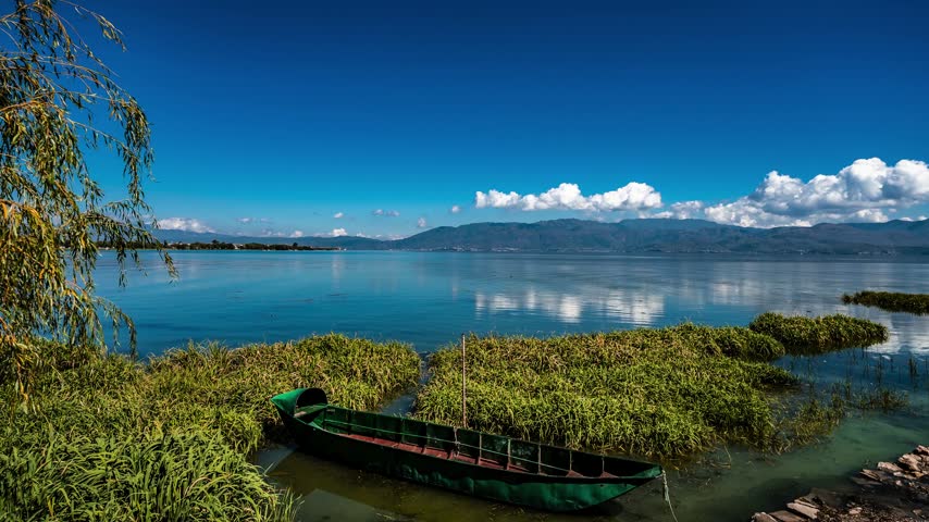 Time lapse shooting of reed clusters by lake in Dali Yunnan China,wooden boat anchors on shallow lake surface,white clouds in high sky slowly stretch and drift