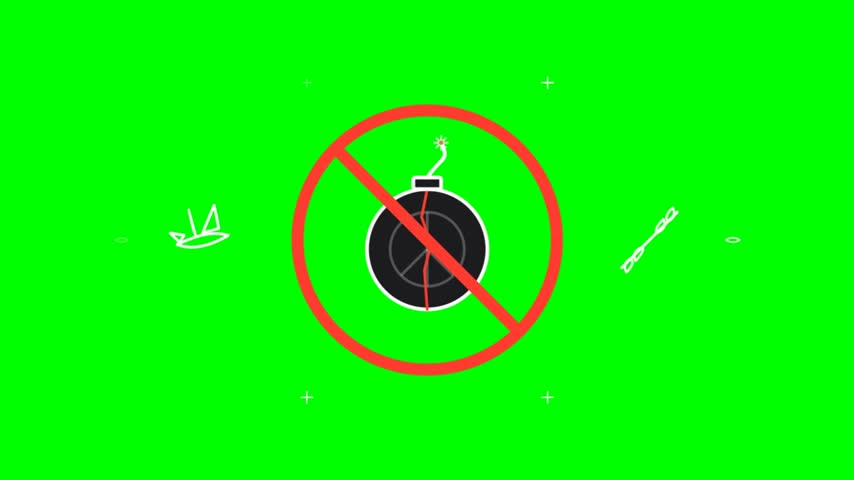 A no bomb symbol with a bomb icon inside a red circle and a diagonal line, set against a vibrant green screen background. Small icons of a bomb and a dynamite stick are visible on the sides.