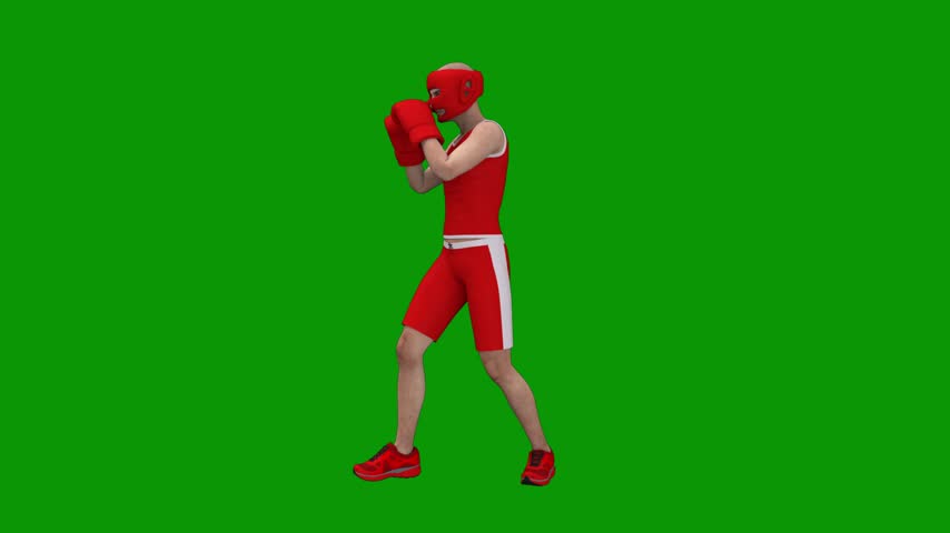 A boxer in red shorts and boxing gloves isolated on green screen background