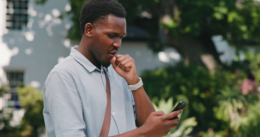 Student, winning and black man with phone on campus for college acceptance, approval or confirmation. Happy, male person and academic learner with smile or fist pump for online app or good news