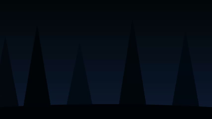 A dark atmospheric forest landscape at night featuring silhouetted pine trees and magical glowing fireflies floating in the twilight air.
