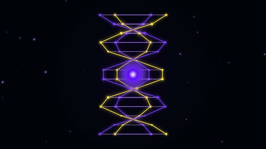 A pattern of glowing yellow and purple geometric helix structures resembling DNA strands, set against a dark, star-filled cosmic background with soft nebula light effects.