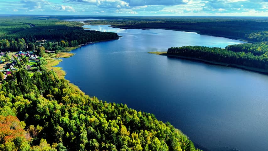 Aerial view of calm blue lake surrounded by dense green forest and autumn foliage