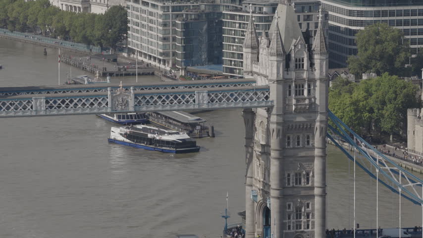 Close up aerial view of Tower Bridge and the Tower of London. Iconic British landmarks in the centre of London