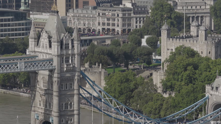 Close up aerial view of Tower Bridge and the Tower of London. Iconic British landmarks in the centre of London