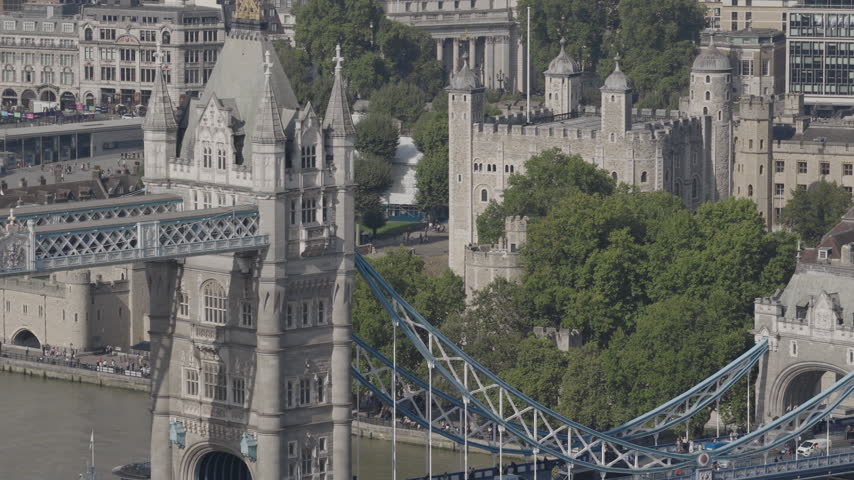 Close up aerial view of Tower Bridge and the Tower of London. Iconic British landmarks in the centre of London