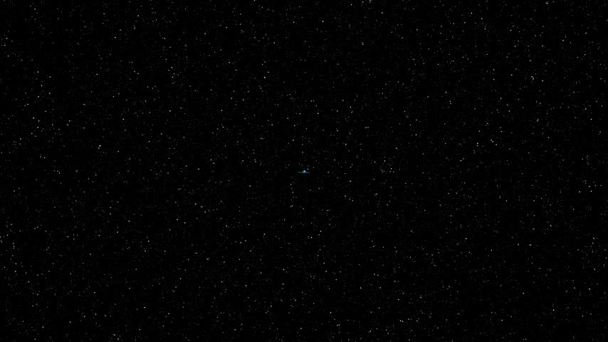 Small blue passenger airplane icon centered in a vast dark starry night sky background representing travel logistics and global aviation connectivity concepts