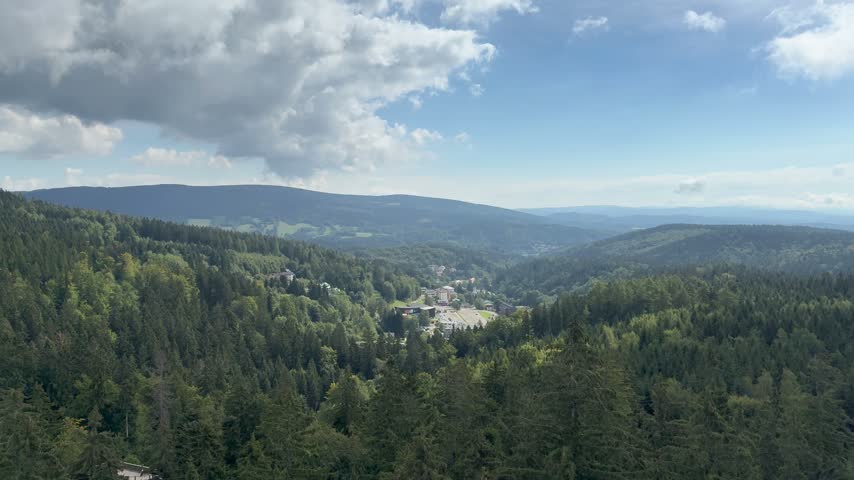 High angle top down view from observation tower of wooden treetop walkway winding through lush green coniferous forest canopy in summer
