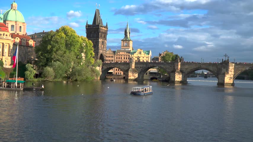  Amazing panoramic view of the old historical part of Prague and the famous Charles Bridge over the Vltava River. Czech Republic Europe. Travel concept.