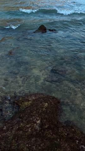 Ocean waves flowing over dark coastal rocks with textured blue seawater