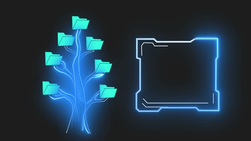 Neon file tree and futuristic interface frame. Neon file tree for digital data management. Neon file tree animation for technology storage.