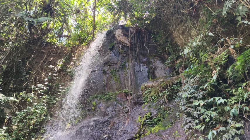 Natural waterfall flowing over rocky cliff outdoors
