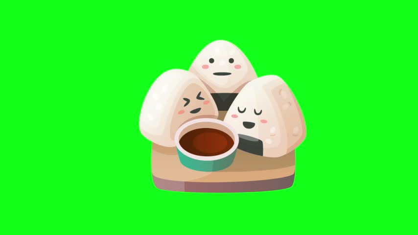 Flat vector animated cute smiling onigiri rice ball characters gathered around a small bowl of dipping sauce against a green screen background