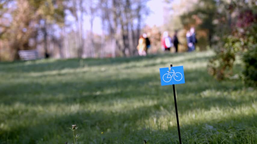 Blue Bicycle Path Sign in Autumn Park