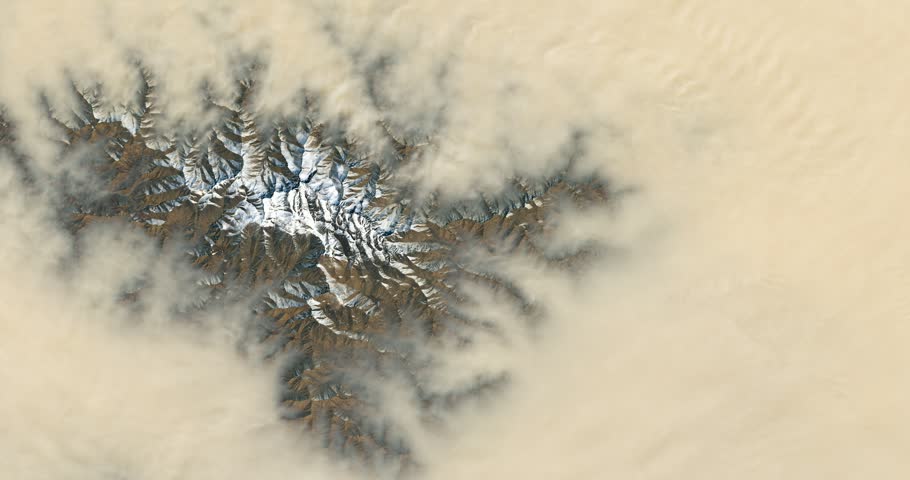 View from above on fog surrounding a mountain. Camera is moving left and up. Animation based on image by NASA