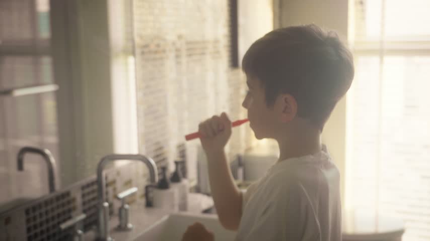 Young boy brushing his teeth with a toothbrush in a bright bathroom at home, practicing daily oral hygiene during his morning routine.