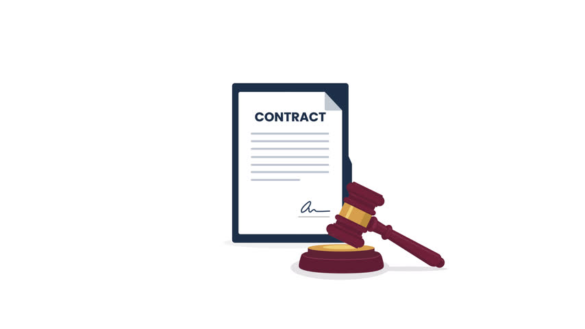 Broken contract document with a gavel and warning symbol in a clean flat 2D vector motion animation with alpha channel and transparent background.