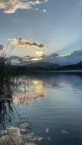 Sunset over lakeshore with sun breaking through layered clouds, golden reflections on calm rippling water, silhouetted reeds and lily pads in foreground, distant mountains under blue sky